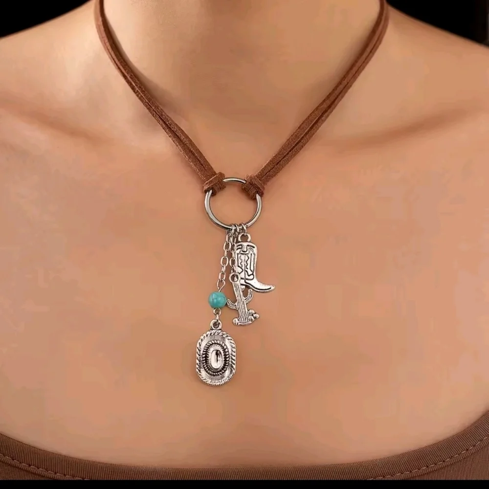 ​Brown Suede Western Choker Necklace Silver Cowboy Boot Hat & Cactus Charms